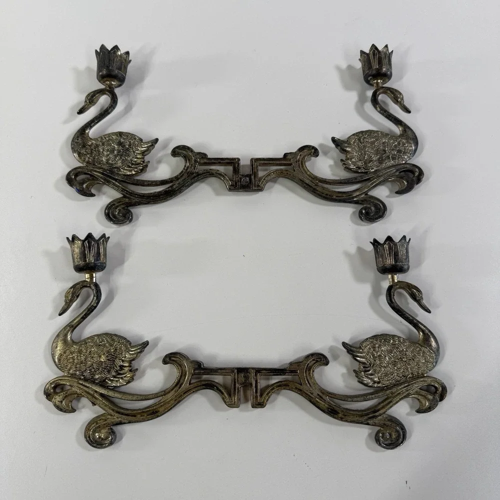 Vintage Silver Plated Swan Candle Stick Holder Wall Mounted Ornate Set Of 2